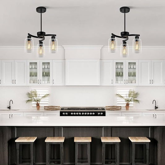 3-Light Modern Farmhouse Chandelier for Dining Room Light Fixtures,16.5" Black Kitchen Island Pendant Lighting, Adjustable Hanging Light for Dining Room with Clear Glass Shades