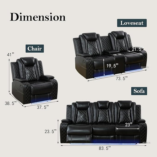 Power Recliner Sofa Set, Leather Reclining Sofa Sets with LED Lights, Living Room Furniture Set, Loveseat with Console Storage, Recliner Couch with USB Port (Sofa and Loveseat, Black)