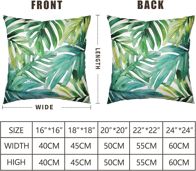 Green Tropical Leaves Outdoor Throw Pillow Covers Summer Palm Leaf Pillow Covers 18x18 Set of 2 Monstera Plant Pillow Cases Modern Farmhouse Cotton Linen Cushion Cover for Couch Sofa