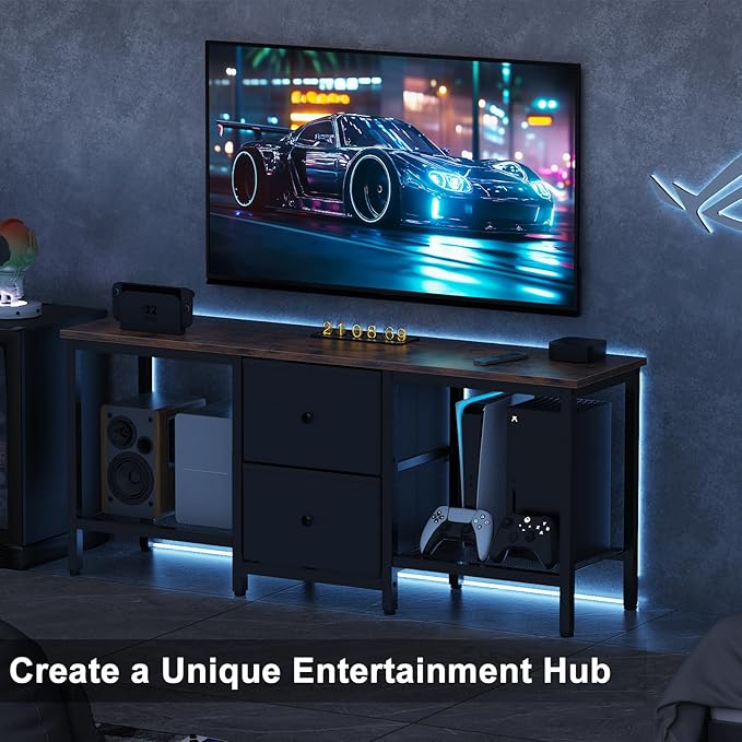 TV Stand Suitable for TVs up to 55 Inches, Entertainment Center with Storage Drawers and Shelves, Media Console Table for Living Room and Bedroom (Brown Black)