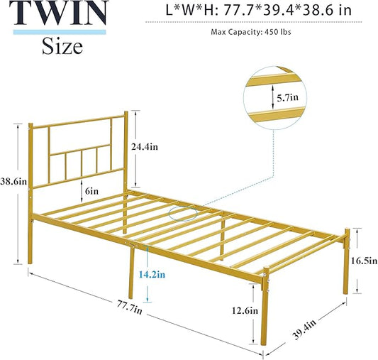 VECELO Twin Metal Platform Bed Frame with Headboard, Heavy Duty Steel Slat Support, Under Bed Storage,No Box Spring Needed, Easy Assembly