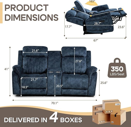 Zero Gravity Power Reclining Loveseat Sofa with Adjustable Headrests, Power Loveseat Recliner with Console, Electric 2-Seater Recliner Couch with Charging Port for Living Room (Velvet, Blue)