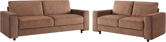AC Pacific Derek 2 Piece Modern Corduroy Couches for Living Room, Tufted Sofas with Plush Upholstery, High-Density Foam, Sleek Black Legs, Durable Wooden Frame, Sofa and Loveseat Set, Brown