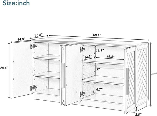 Ball & Cast 60.1" Sideboard Buffet Cabinet with Storage,Modern Coffee Bar Cabinet with 4 Doors and Adjustable Shelves,Wood Side Board Table with Silver Handles for Living Room,White