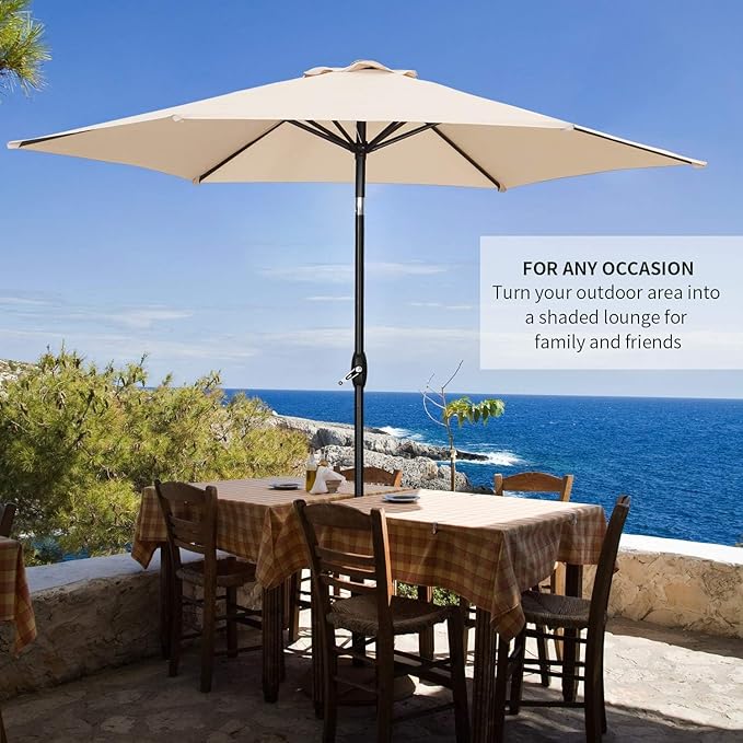HYD-Parts 9FT Patio Umbrella Outdoor Table Umbrella,Market Umbrella with Push Button Tilt and Crank for Garden, Lawn, Deck, Backyard & Pool, with a Base (Khaki)