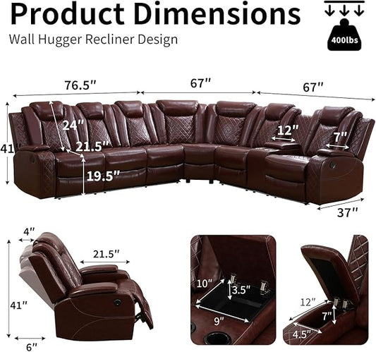 Power Leather Recliner Sectional Sofa with LED Light,L Shaped Reclining Couch with USB Charger/Cup Holder/Storage,Leather Sofa for Living Room Furniture Sets(Burgundy,Sectional)