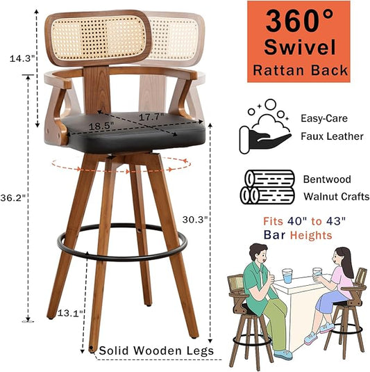 Swivel Bar Stools Set of 2 - 30 inch Mid Century Bar Stools with Walnut Craftsmanship, Curved Rattan Back, Upholstered Seat, Bar Height BarStools for Kitchen/Pub/Island/Cafe (30" Seat Height, Black)