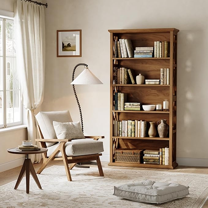 LITTLE TREE Wooden Bookshelf, Farmhouse 5-Shelf Bookcase, 70.9" Bookshelves and Bookcases, Office Bookshelf for Living Room, Bedroom, Kitchen, Home Office, Vintage Openwork Design, Rustic Brown