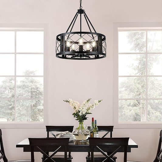 5-Light Farmhouse Chandelier 19.8" Black Rustic Chandelier for Dining Room Wood Texture Adjustable Pendant Light Fixture for Kitchen Island Entryway Bedroom Hallway