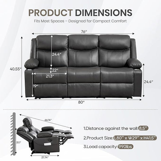 Manual Reclining 3-Seater Sofa with Heat & Massage, PU Leather Recliner Couch for Living Room, Faux Leather Upholstery, Deep Cushions & Sturdy Frame (Grey)