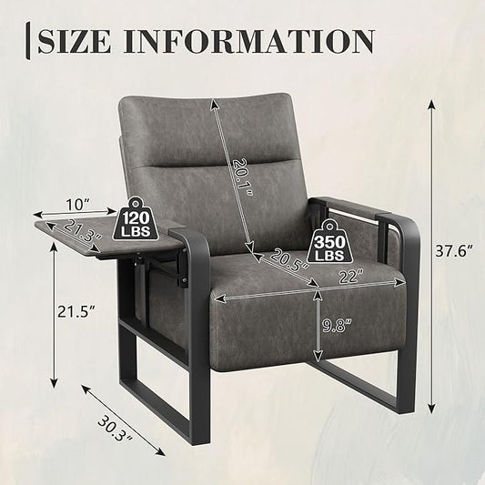 Upholstered Living Room Chair Armchair, Mid Century Faux Leather Metal Accent Chair, Reception Couch Office Guest Chair Slipper Club Lounge Single Sofa with Sidetable for Bedroom-Grey