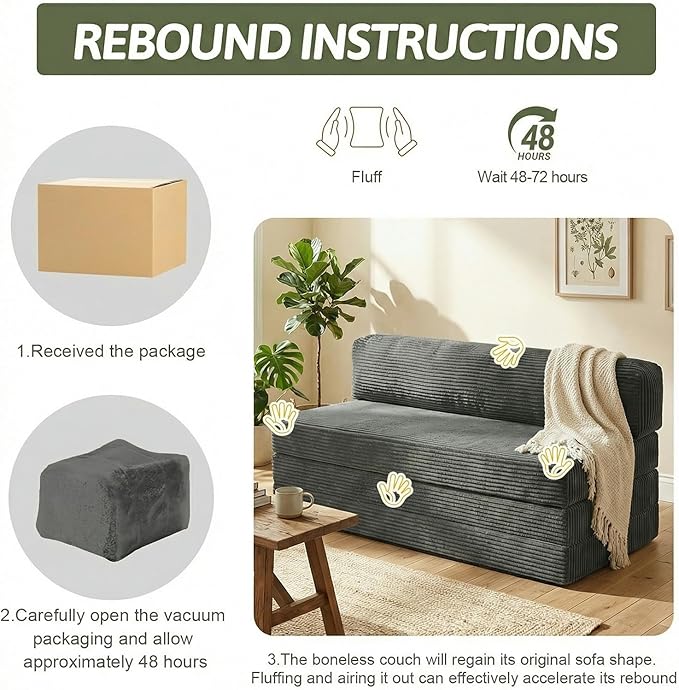 5-in-1 Convertible Sofa Bed, Boneless Loveseat Sleeper with Removable Cushions & Washable Corduroy Cover, Futon Sofa Bed with Handle, Pull Out Couch for Small Spaces, Full Size, Grey