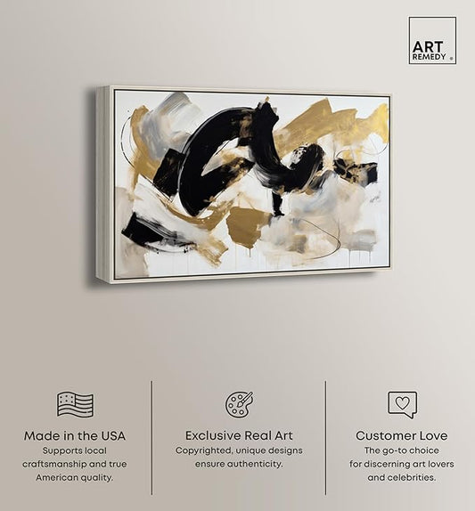 Art Remedy Moved Abstraction Canvas Modern Black White Abstract Wall Art, Silver Frame, 45" x 30"