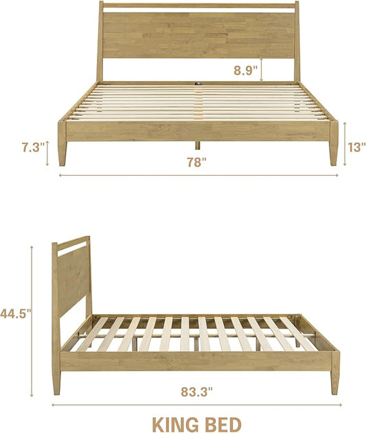 NTC Adept Wooden Bed Frame with Headboard, Solid Wood Foundation with Silent Slats and Wood Central Supports, 1000 Lb Capacity, Effortless Assembly, King - Sand