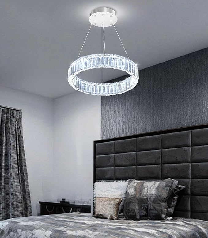 8'' Modern Ring Chandelier Crystal Chandeliers for Dining Room Round LED Dimmable Ceiling Light Fixture for Living Room Bedroom Lighting Silver