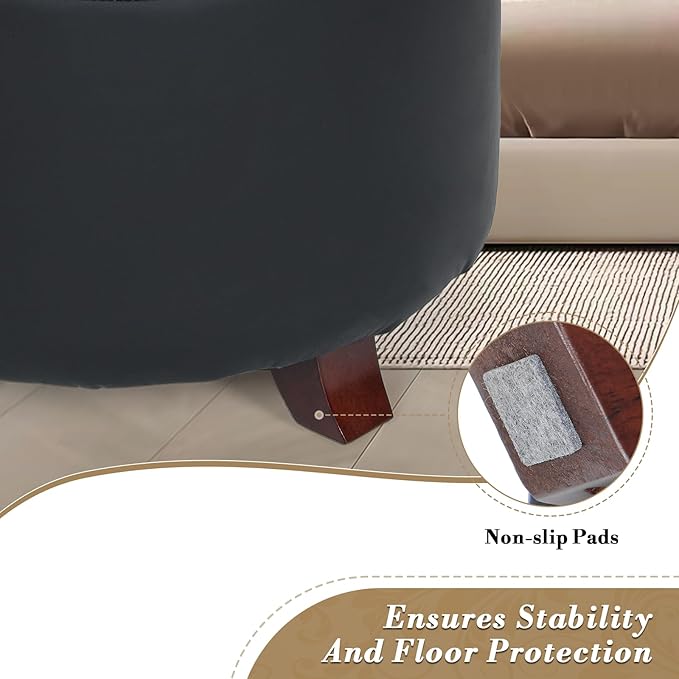 Athena Collection 20 Inch Small Ottoman with Storage, Round PU Leather Storage Ottoman with Removable Lid, Stylish Footstool Foot Rest for Living Room, Bedroom, Dorm, Black