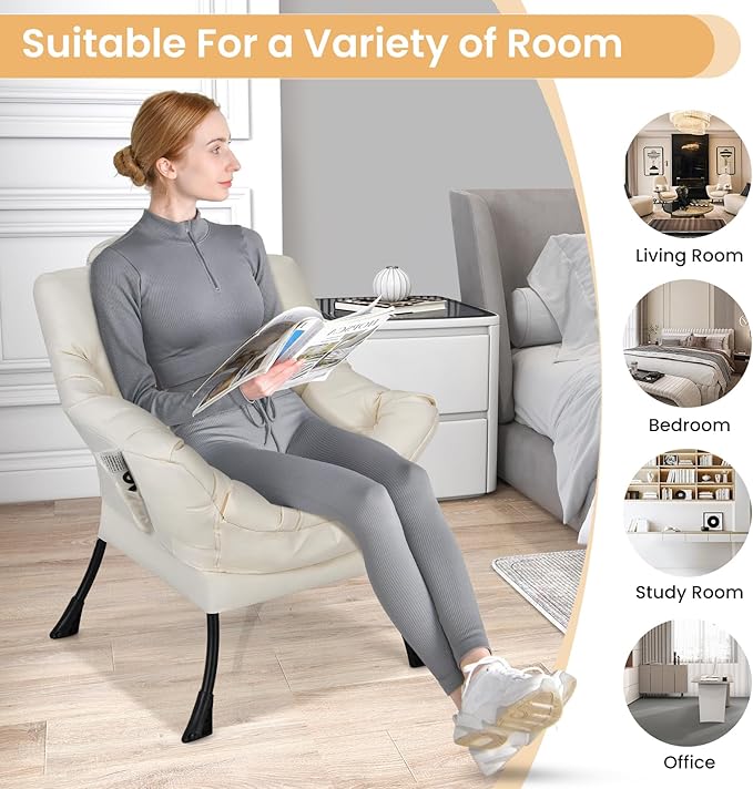 GORELAX Modern Lazy Chair,Upholstered Lounge Accent Chair, Single Leisure Sofa Chair with Armrests & Side Pocket, Comfy Reading Chair for Bedroom, Living Room, Dorm Room (Beige)
