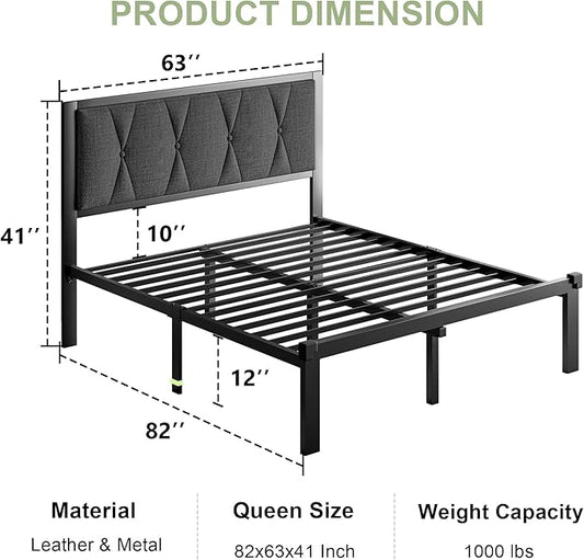 Feonase Queen Metal Bed Frame with Fabric Button Tufted Headboard, Platform Bed with Heavy Duty Metal Slats, 12 Inch Storage Space, Noise Free, No Box Spring Needed, Dark Grey