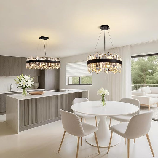 CROSSIO Modern Crystal Chandelier for Dining Room, 12-Light Luxury Black 2 Tiers Crystal Raindrop Chandelier, Contemporary Hanging Light Fixture for Living Room Entryway Foyer D19.7''