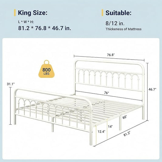 Allewie 14 Inches King Size Metal Platform Bed Frame with Victorian Style Curved Iron-Art Headboard/Footboard, Metal Slats Support, Easy Assembly, Under Bed Storage, No Box Spring Required, White