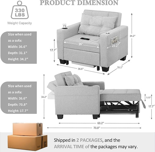 DURASPACE Pull Out Sofa Bed 3-in-1 Convertible Sofa Sleeper Chair Bed with USB, Cup Holder, Adjustable Armchair Beds for Small Spaces, Apartment, Living Room, Office (Light Gray Linen)