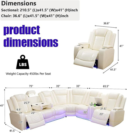 A Ainehome Living Room Furniture Reclining Sectional Sofa Set, Power Recliner Adjustable Sofa, Loveseat and Chair with USB Chargers/Storage Console for Living Room/Office/Home Theather(B-Off-White)