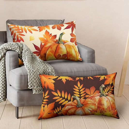 Fall Throw Pillow Covers 12x20 Set of 2 Orange Black Maple Leaves Pumpkin Autumn Lumbar Pillow Case Thanksgiving Harvest Farmhouse Outdoor Rectangle Cushion Case for Sofa Couch
