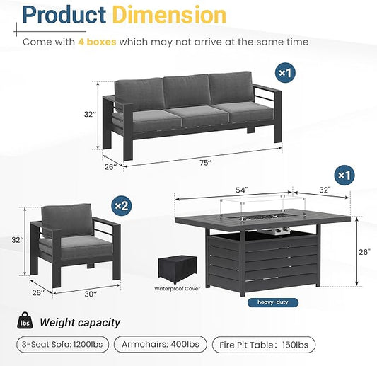 Wisteria Lane Aluminum Patio Furniture Set, 4 Pcs Metal Outdoor Furniture Set with CSA Certified 54in Propane Gas Fire Pit Table, Patio Conversation Set with 5in Olefin Cover Cushions, Dark Grey