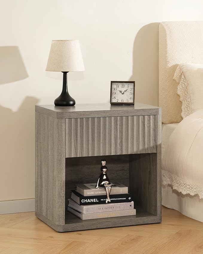 Night Stand Set of 2, Fluted Nightstand with Drawers, Wood Bedside Table with Storage, Bed Side Table Modern Nightstands Wide Night Stands, Sofa End Tables Side Tables for Bedroom Living Room