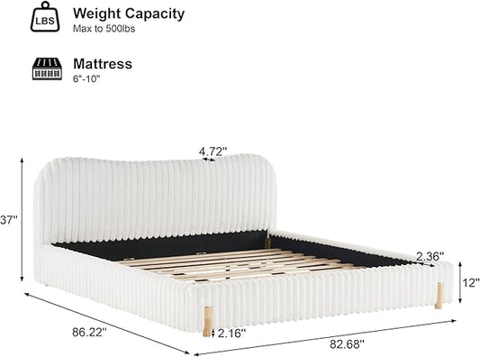 Merax Sleek Boucle Upholstered Bed with Wavy Headboard & Vertical Stitching,King,White