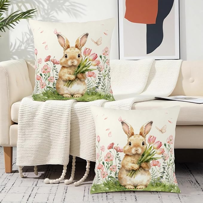 Easter Bunny Outdoor Pillow Covers 16x16 Set of 2 Watercolor Pink Flowers Pillows Cases Farmhouse Rabbit Floral Pillowcase for Sofa Couch Home Decor