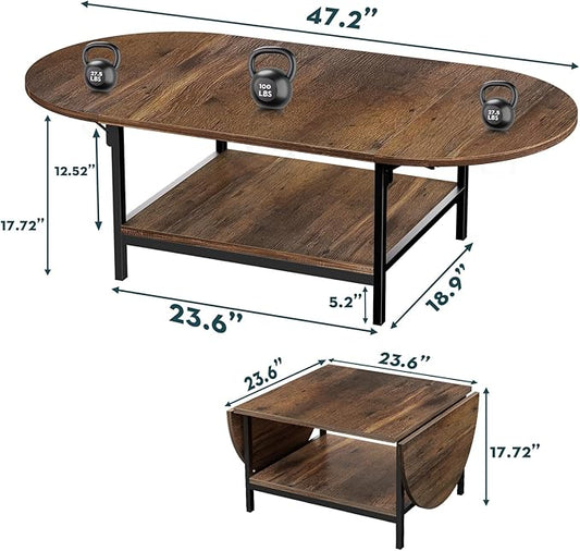 SAYGOER Folding Coffee Table for Living Room, Small Coffee Tables with 2-Tier Storage, Mid Century Modern Center Table for Small Space, Oval Farmhouse Table Square, Dark Brown