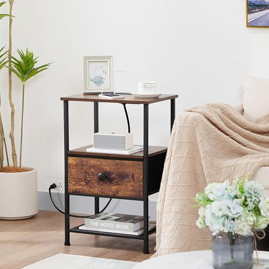 Night Stand Set 2, Nightstand with Charging Station, End Tables Living Room with Fabric Drawer for Small Spaces, Bed Side Tables with Storage Shelf for Bedroom, Rustic Brown HETS010PBR