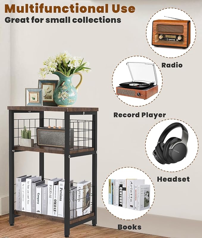 Record Player Stand, 3 Tier End Table with Double Layer Iron Wire Mesh Turntable Vinyl Record Stand Storage Up to 100 Albums, Nightstand Small Side Tables for Living Room Bedroom, Black