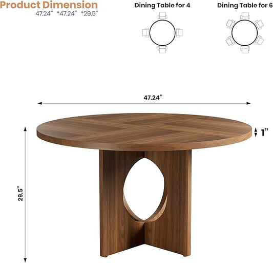 IDEALHOUSE 47" Round Dining Table, Kitchen Table for 4-6 People, Circle Tables with Sturdy Pedestal Base, Space Saving Dinning Room Furniture for Living Room, Kitchen, Apartment, Brown