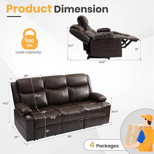 Reclining Sofa, Electric 3 Seater Recliner Sofa with Colorful Light/USB/Type C/Cup Holder, Wall Hugger RV Recliners Reclining Couch for Living Room & Home Theater