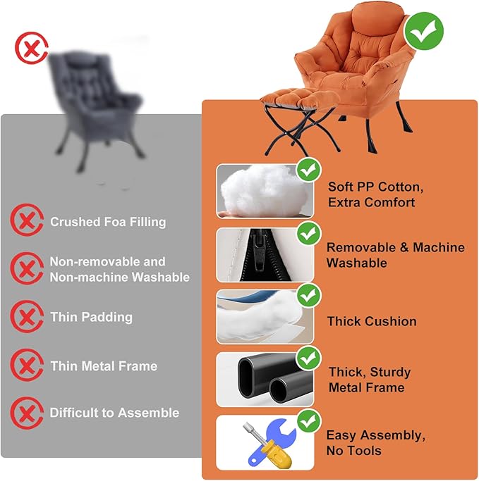 Lazy Chair with Ottoman, Modern Chair with Folding Footrest, Orange Accent Chair, Comfortable Reading Chair, Oversized Armchairs for Bedroom, Study, Living Room, Courtyard