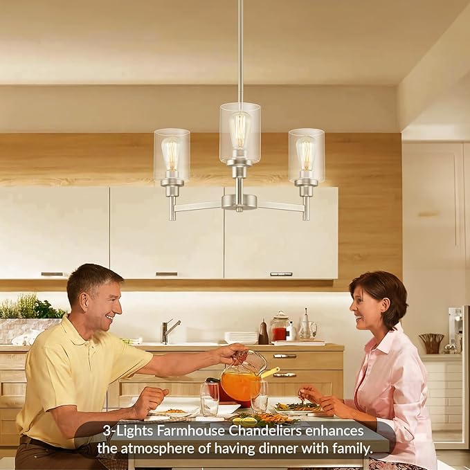 3 Lights Brushed Nickel Chandeliers for Dining Room Light Fixture Over Table, Entryway Chandelier for Foyer, Hallway Lighting Fixtures with Glass Shade for Kitchen Island Foyer Hallway