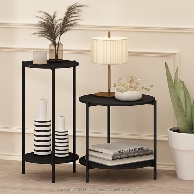 Furinno Besi 2-Tier Modern Round Side End Table with Sturdy Metal Legs, 15.55 (W) x 10.58 (H) x 5.46 (D) inches, Americano