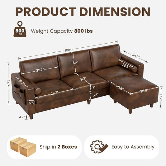 Vesgantti 100" L Shaped PU Faux Leather Sofa with Movable Ottoman, 3 Seater Leather Sectional Couch with Side Pocket, Comfy Modern Modular Couch for Living Room, Apartment, Cocoa