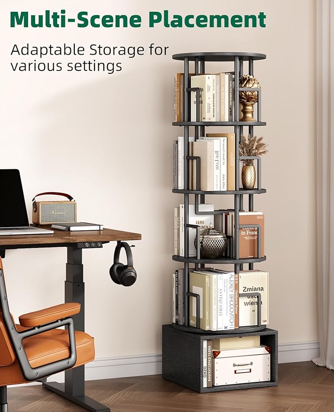 5 Tier Rotating Bookshelf with Extra Storage Cabinet, 360°Spinning Corner Bookshelf, Floor Standing Bookcase for Kids & Adult, Narrow Book Shelf for Bedroom Living Room, Pure Black