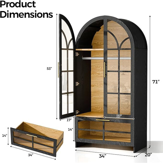 Armoire Wardrobe Closet with Drawer, 71”Tall Arched Wardrobe Cabinet with Hanging Rod&Glass Door – Wooden Freestanding Clothing Storage Cabinet Closet Organizer for Bedroom, Entryway or Dorm