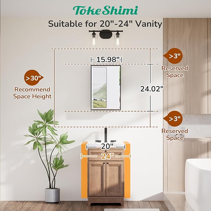 TokeShimi 16x24 Recessed Medicine Cabinet with Mirror Surface Mounted, Metal Beveled Mirror with Storage for Bathroom Vanity, Aluminum Black Medicine Cabinet Mirrored