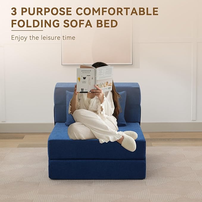 WUTUTUEE Folding Sofa Bed Convertible Floor Couch Foldable Chair Bed with Pillow,Linen Sleeper Chair Futon,Foldable Memory Foam Mattress for Bedroom/Living Room/Dorm/Office (Navy, Single)