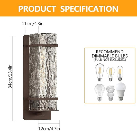 Brown Outdoor Wall Light, 13.4in Exterior Waterproof Lanterns,Porch Sconces Wall Mounted Lighting with E26 Sockets & Textured Glass Shades, for Garage,Doorway,Patio,Front Door