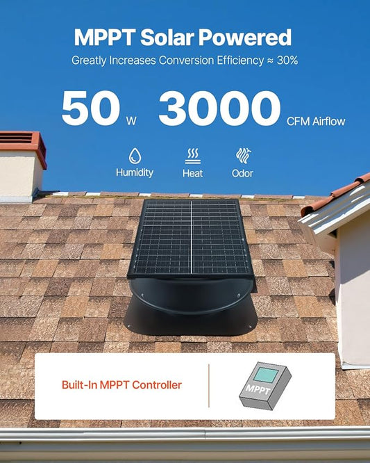 VEVOR 50W Solar Attic Fan, 3000 CFM with Smart Control, Built-in Smoke & Temperature Sensors, Weatherproof & Low-Noise for Roof Ventilation