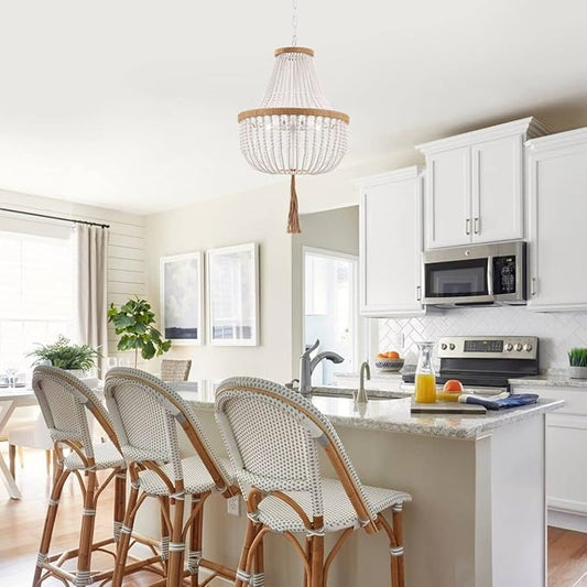 4 Lights Wood Beaded Farmhouse Chandelier with Tassels Bohemia Antique Rustic Pendant Light for Bedroom Kitchen Island Dining Living Room Foyer, White, Dia 17 Inch