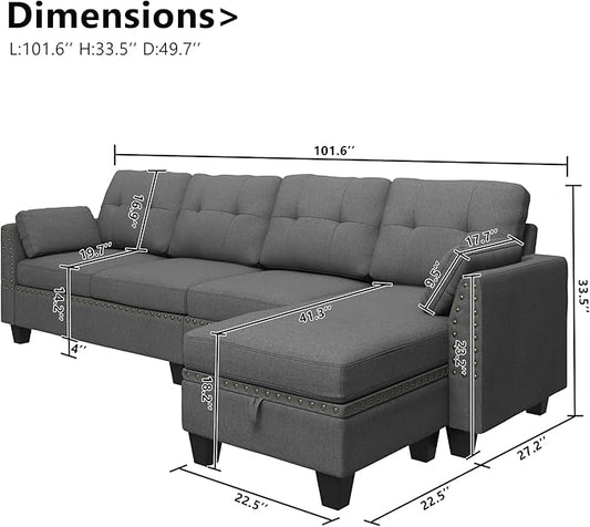 HONBAY Convertible Sectional Sofa L Shaped Couch Reversible Sectional Couches for Living Room,Grey