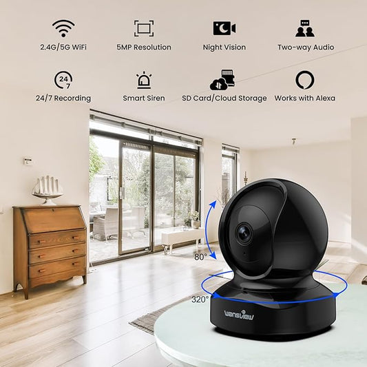 wansview Security Camera, IP Camera, WiFi Home Indoor Camera for Baby/Pet/Nanny, 2 Way Audio Night Vision, Compatible with Alexa, with TF Card Slot and Cloud, Q5 (Black, 5MP)