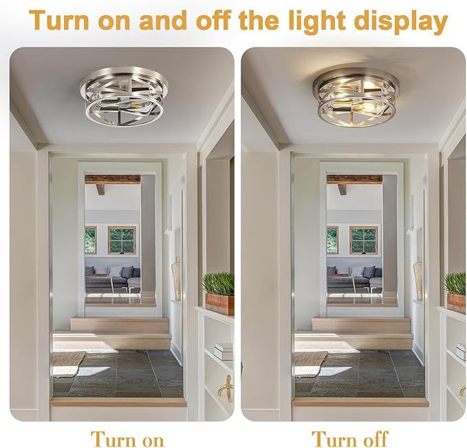 Brushed Nickle Flush Mount Ceiling Light Fixture, 2-Pack Metal Cage Close to Ceiling Lights, Modern 11 Inch E26 Base Indoor Kitchen Ceiling Lights for House Hallway Bedroom